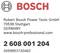 Das Bild zeigt das Bosch-Logo, gefolgt vom Text 'Robert Bosch Power Tools GmbH, 70538 Stuttgart, Deutschland', mit einem Website-Link und Produktnummern.