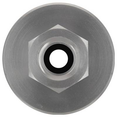 Draufsicht eines sechseckigen Metallbolzens mit einem kreisförmigen Loch in der Mitte, umgeben von einem silbernen äußeren Ring, vor einem einfarbigen Hintergrund.