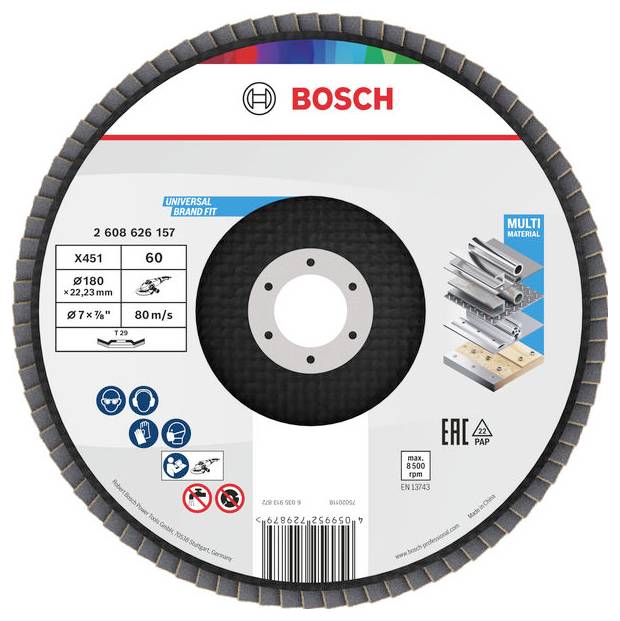 Eine Bosch Universal-Trennscheibe für Metall und Holz, mit einem Durchmesser von 180 mm und einer maximalen Geschwindigkeit von 80 m/s.