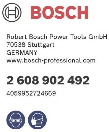 'BOSCH' Logo mit Kontaktinformationen für Robert Bosch Power Tools GmbH in Stuttgart, Deutschland. Enthält Telefonnummer und Website. Sicherheitssymbole werden angezeigt.