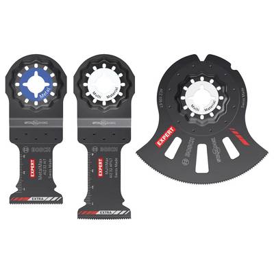 Bosch-Oszillations-Multitool-Blätter und Kratzer nebeneinander angeordnet, einschließlich Expert und Extra Aufsätze zum Schneiden und Kratzen.