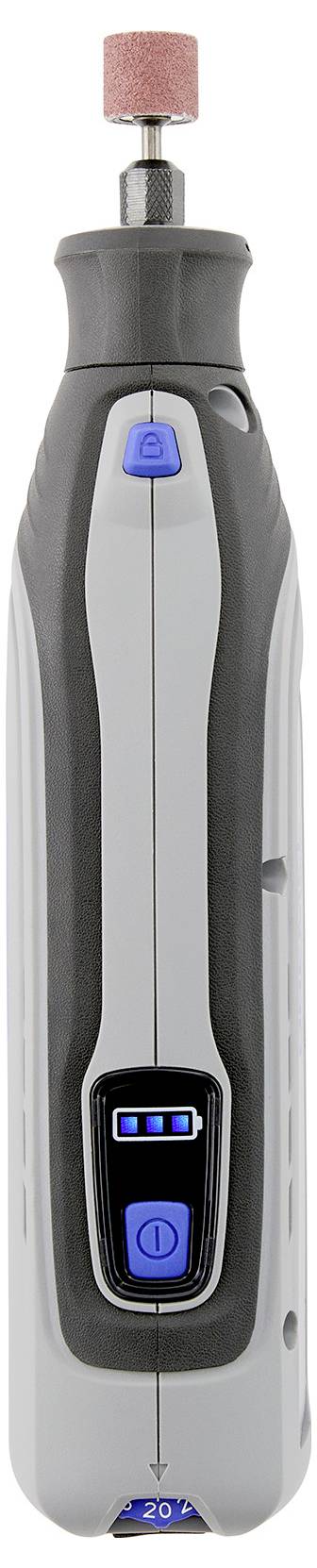 Ein tragbares Rotationswerkzeug mit einem zylindrischen Schleifaufsatz oben, mit einem Einschaltknopf und Geschwindigkeitseinstellungen vorne.