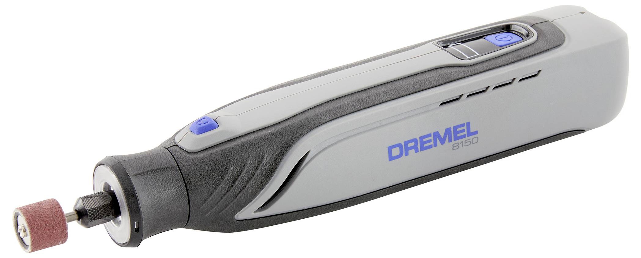 Ein Dremel 8100 kabellose Rotationswerkzeug mit einem Schleifaufsatz, der ein schlankes graues Design und das Markenlogo an der Seite aufweist.