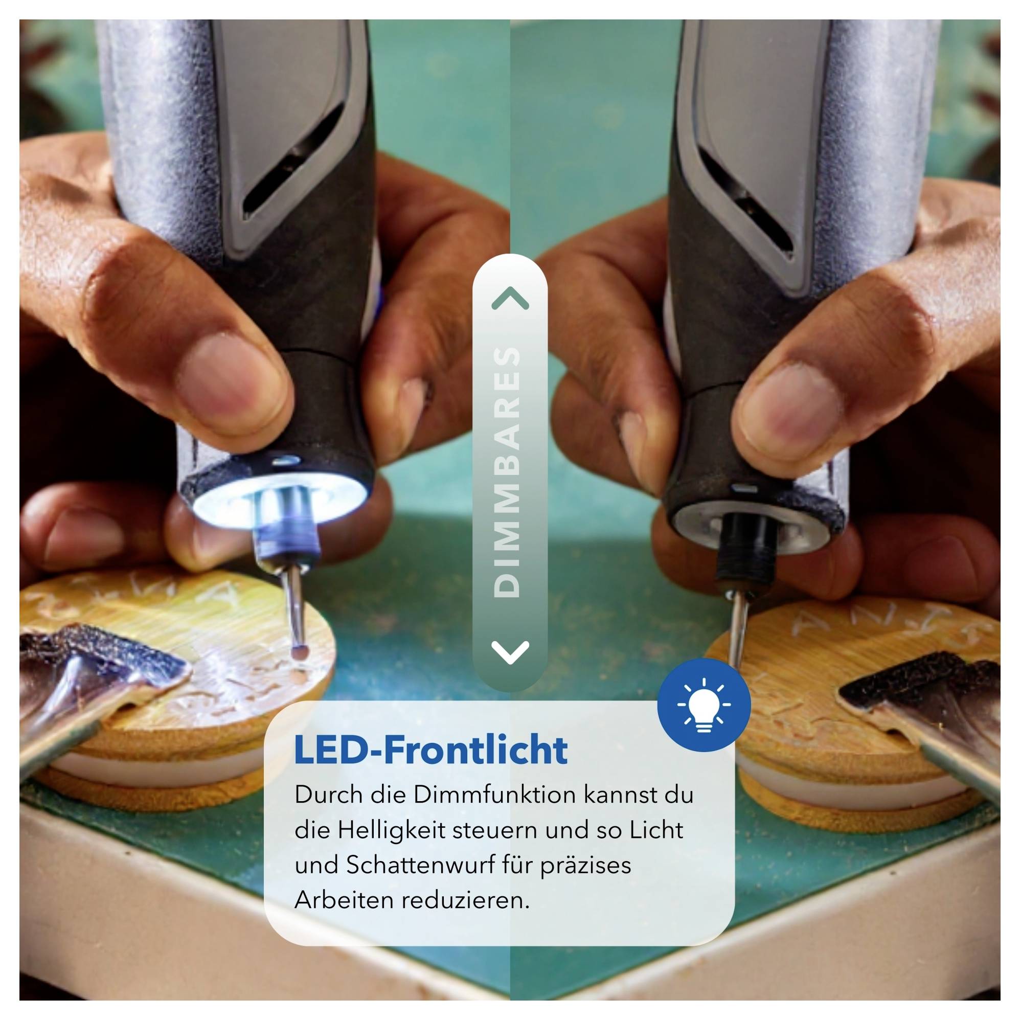 Nahaufnahme einer Hand, die ein Rotationswerkzeug mit dimmbarer LED-Beleuchtung auf einer Holzoberfläche verwendet. Text auf Deutsch hebt die Helligkeitssteuerung für präzise Arbeit hervor.