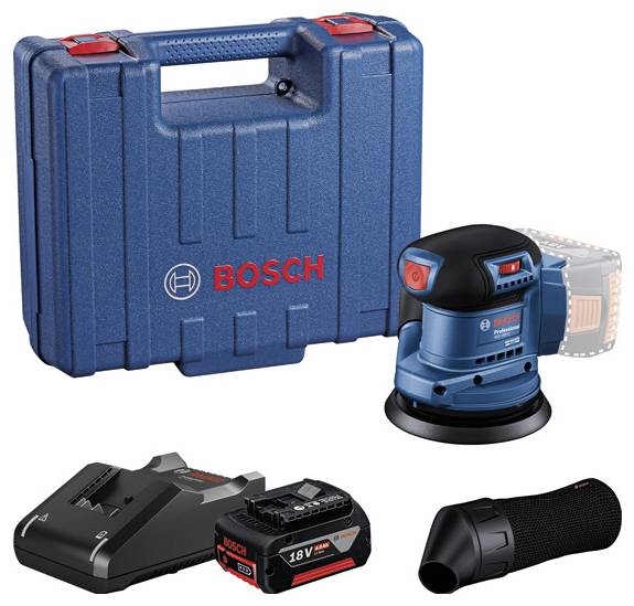 Bosch Akku-Schleifset umfasst einen Werkzeugkoffer, Schleifgerät, Akku, Ladegerät und Staubabsaugvorrichtung und hebt damit die Produktkomponenten hervor.