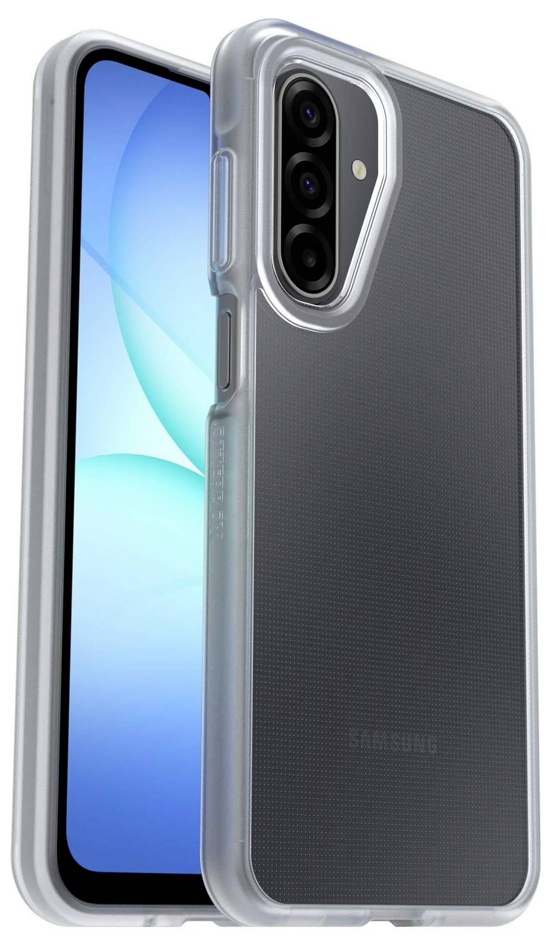 Samsung-Smartphone mit durchsichtiger Schutzhülle, Vorder- und Rückansichten, die den Kameraausschnitt und das schlanke Design hervorheben.