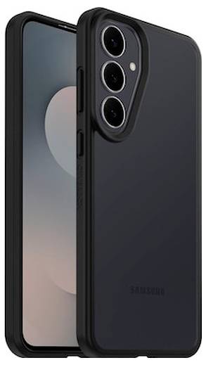 Schwarzes Samsung-Smartphone von vorne und hinten mit dreifachem Kamerabuckel in einer Schutzhülle.