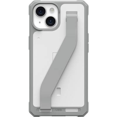 Eine graue Handyhülle mit integriertem Ständer, der in horizontaler Position gezeigt wird und darauf ausgelegt ist, das Telefon aufzustellen.
