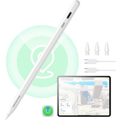 Ein Stylus-Stift mit zusätzlichen Spitzen und einem Ladekabel wird neben einem Tablet präsentiert, das eine Navigations-App mit einer Karte und einem Standort-Pin zeigt.
