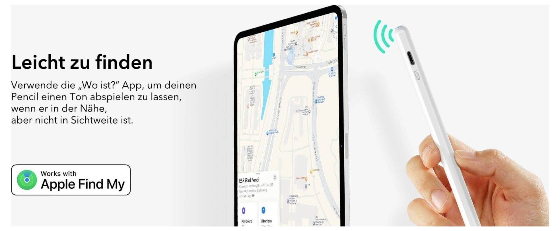 Ein Tablet zeigt eine Karte mit dem Text "Leicht zu finden". Eine Hand hält ein stiftähnliches Gerät, das Signale aussendet. Der Text fordert zur Nutzung von Apple Find My auf.