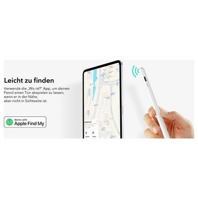 Ein Tablet zeigt eine Karte mit dem Text "Leicht zu finden". Eine Hand hält ein stiftähnliches Gerät, das Signale aussendet. Der Text fordert zur Nutzung von Apple Find My auf.