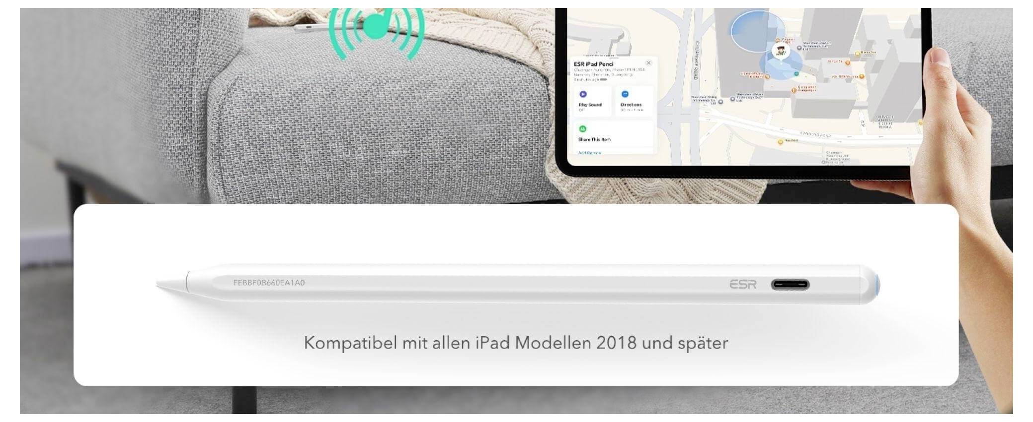 Eine Person hält ein Tablet mit einer Standortkarte, neben einem Stylus-Stift. Text lautet: 'Kompatibel mit allen iPad Modellen 2018 und später'.