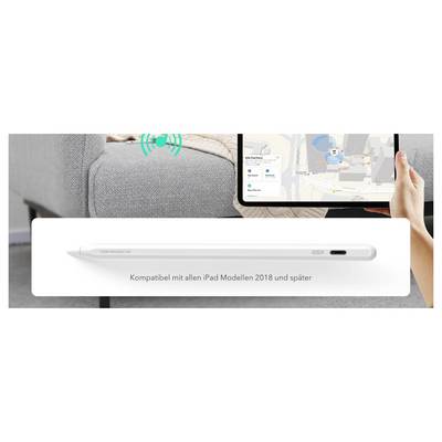 Eine Person hält ein Tablet mit einer Standortkarte, neben einem Stylus-Stift. Text lautet: 'Kompatibel mit allen iPad Modellen 2018 und später'.