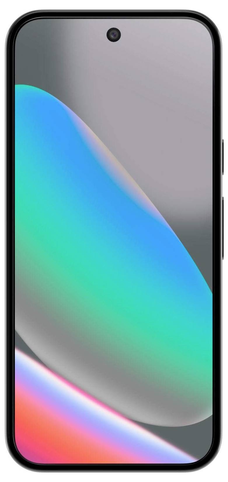 Ein Smartphone mit einem schwarzen Rahmen und einem bunten abstrakten Hintergrund auf dem Bildschirm. Die Frontkamera ist mittig am oberen Rand des Bildschirms positioniert.