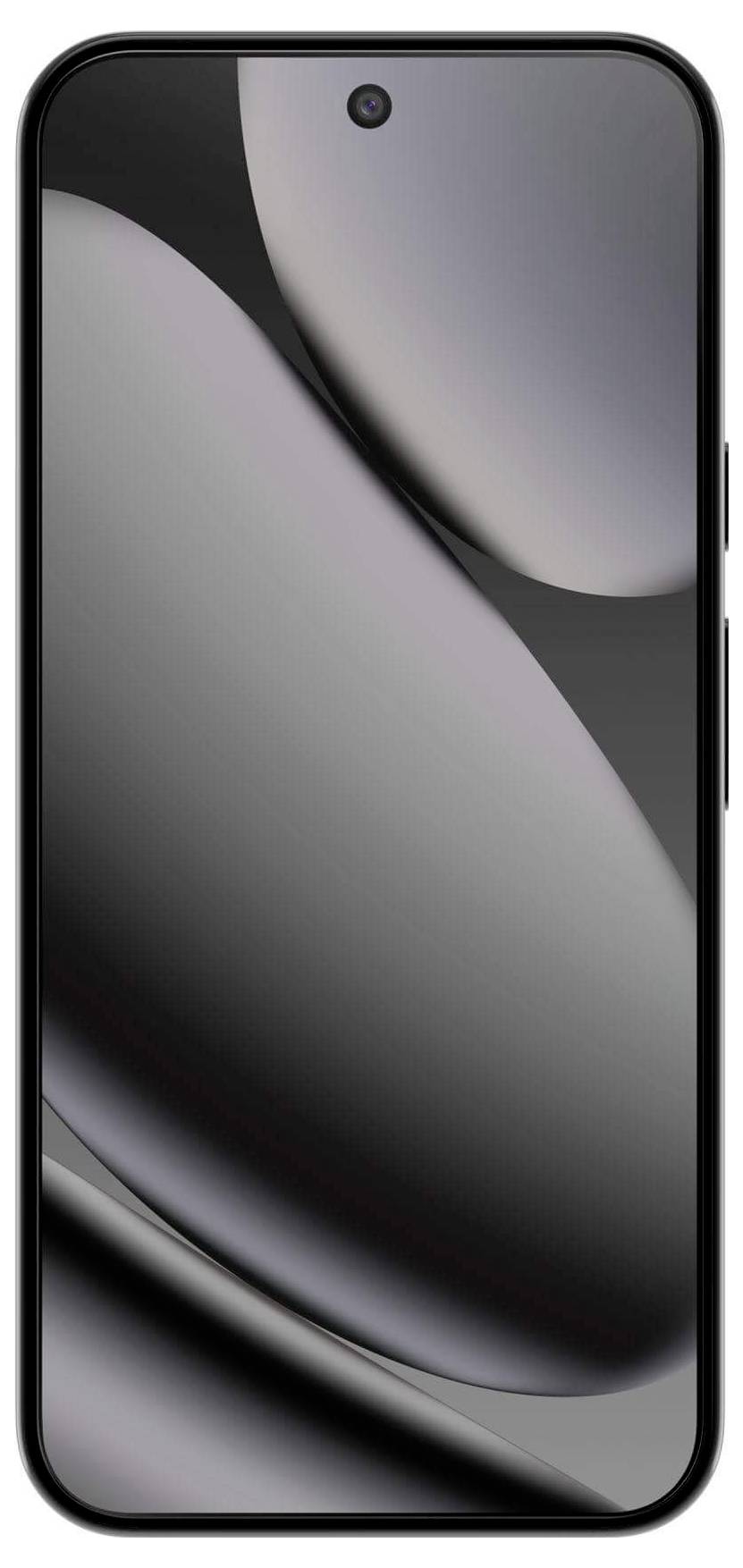 Ein Smartphone mit einer Frontkamera in der Mitte des oberen Randes, das ein schlankes, minimalistisches Bildschirmdesign mit abgerundeten Ecken aufweist.