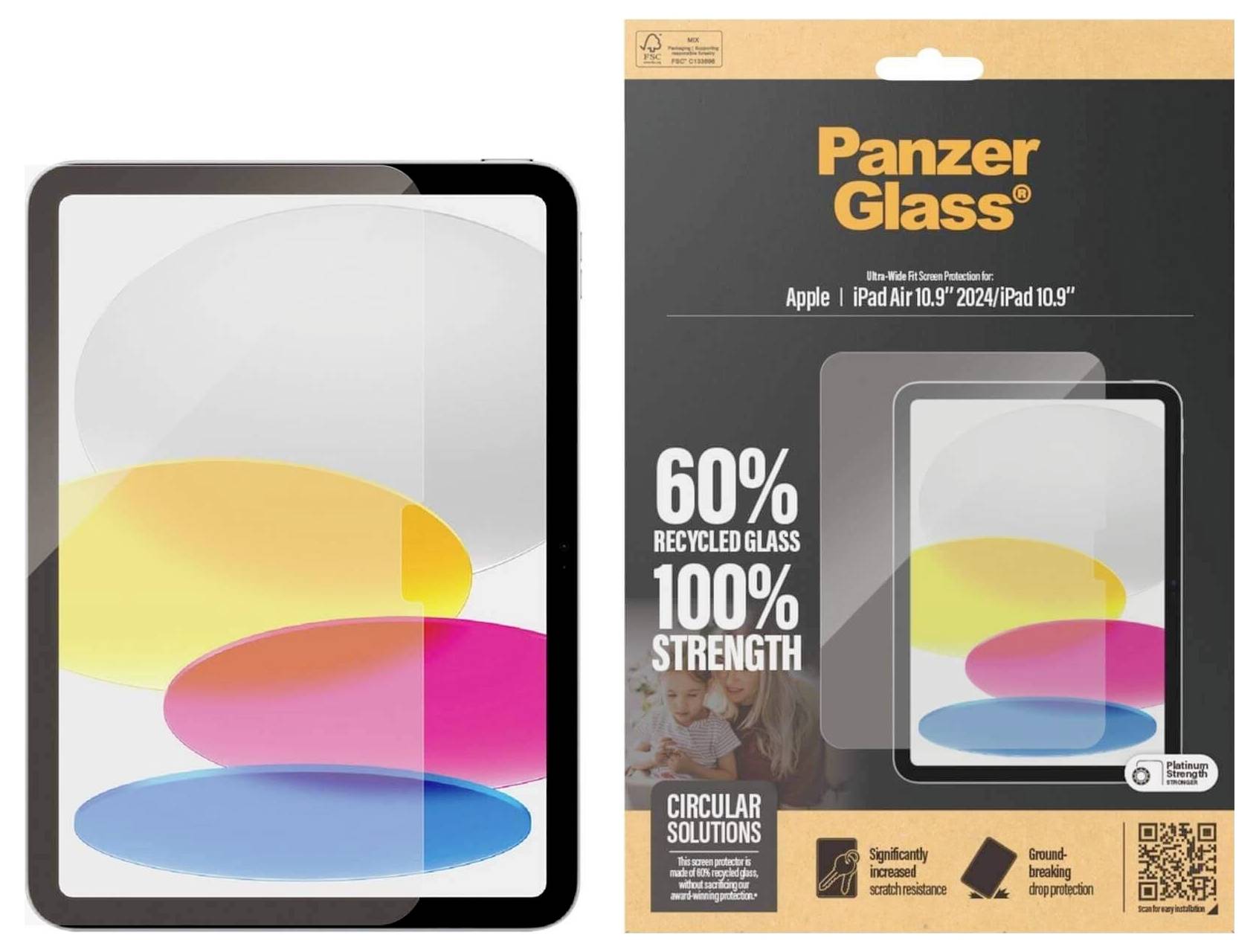 Verpackung für Panzer Glass Displayschutz für iPad Air 10,9 Zoll (2020/2022) mit 60% recyceltem Glas und 100% Festigkeit.
