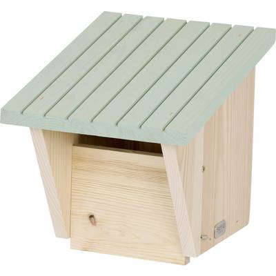 Ein kleines Holzvögelhaus mit einem geneigten, hellgrünen Dach. Es hat eine natürliche Oberfläche und ein Einflugsloch in der Vorderseite.