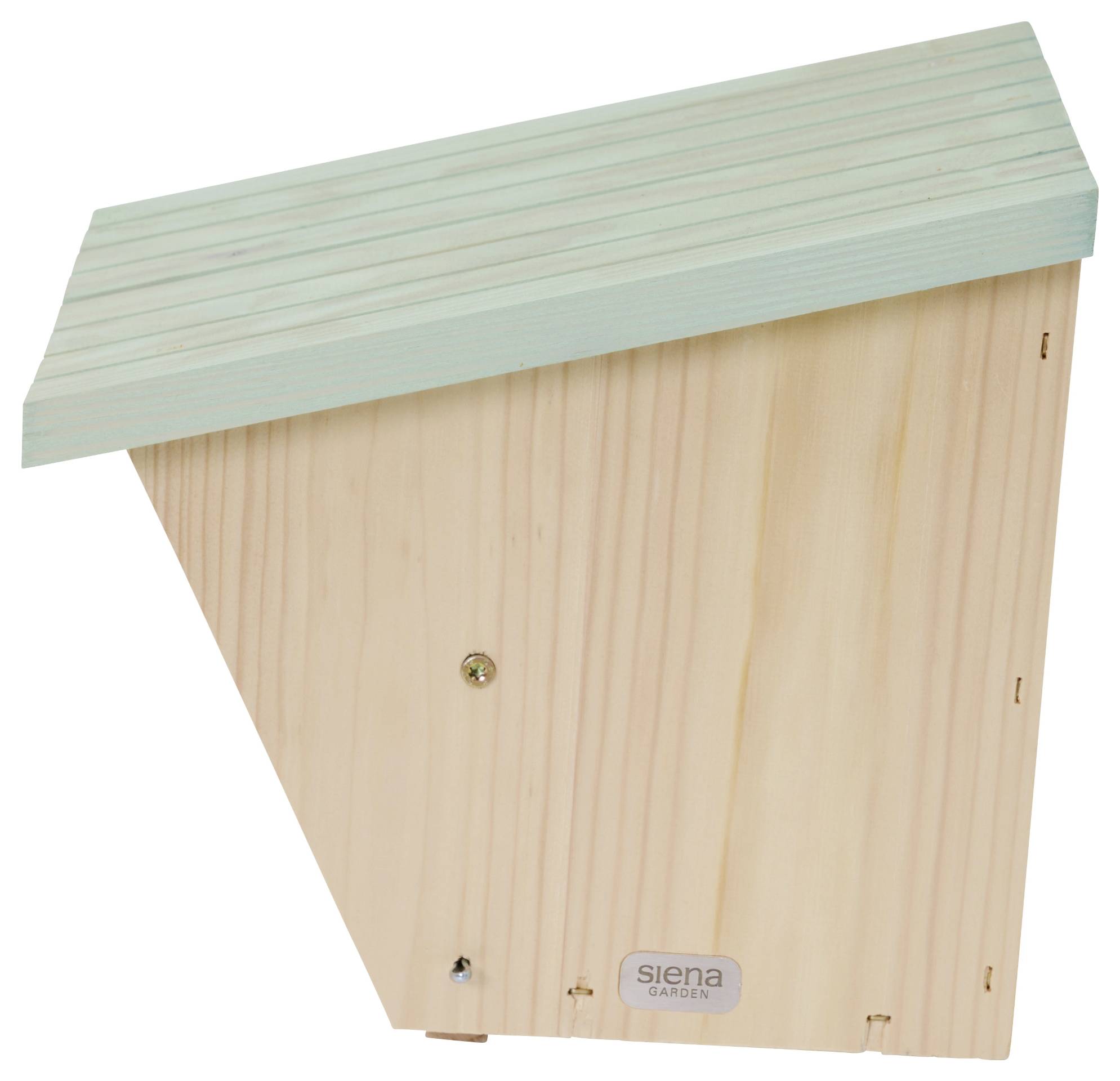 Ein dreieckiges Holz-Vogelhaus mit einem schrägen Dach wird gezeigt. Es ist schlicht und ungestrichen, mit einem kleinen Logo am unteren Rand.