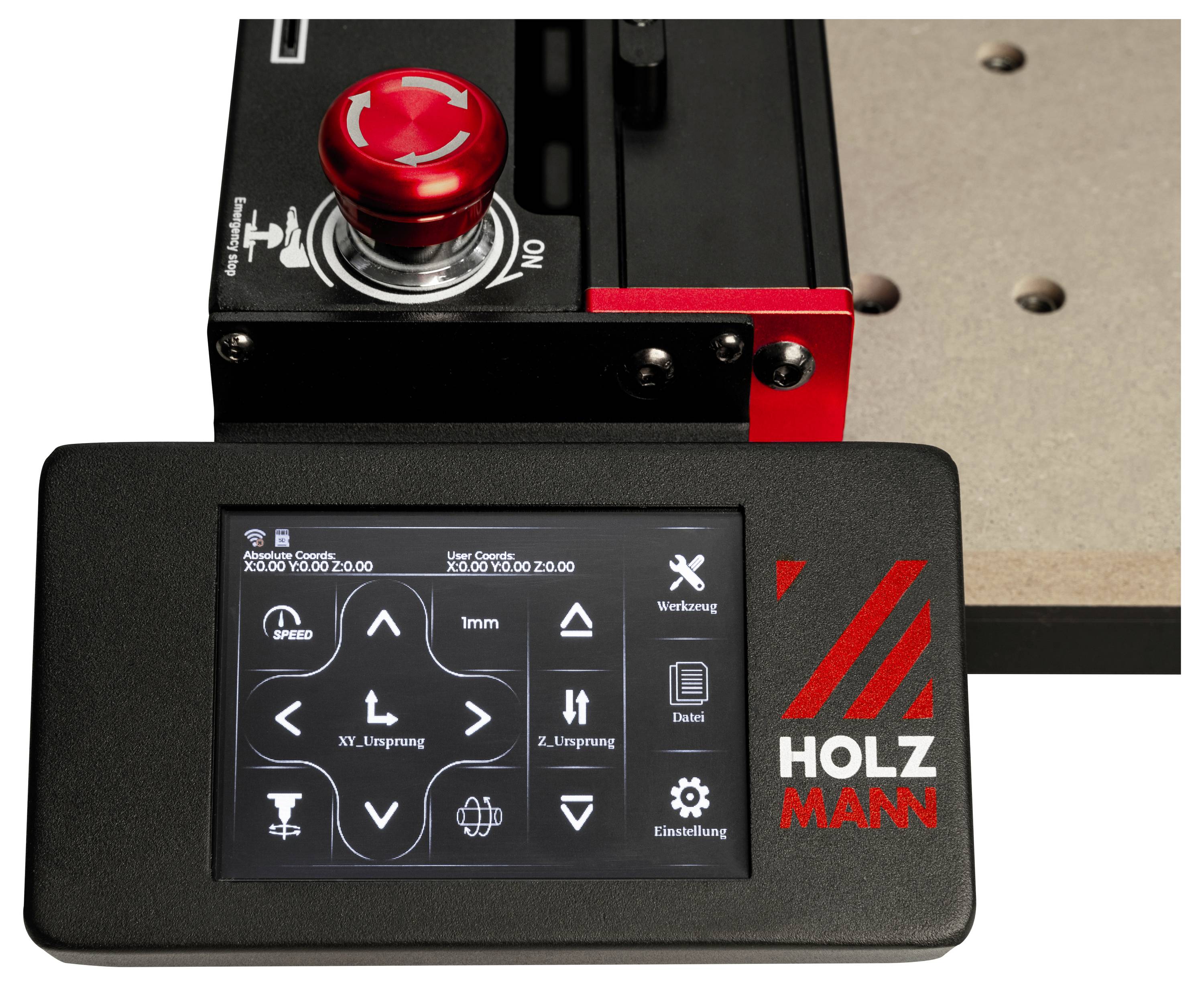 Ein Bedienfeld mit Steuerungselementen und einem Notaus-Knopf für eine Maschine, mit einer digitalen Anzeige, die Bewegungssteuerungen und Einstellungen zeigt.