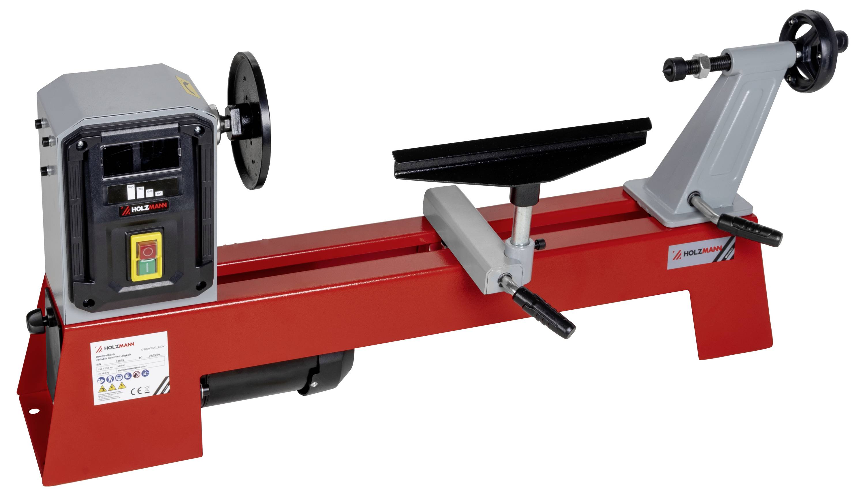 Eine rote Holzdrehbank mit einer Bedienungstafel, entwickelt zum Formen und Glätten von Holzmaterialien.