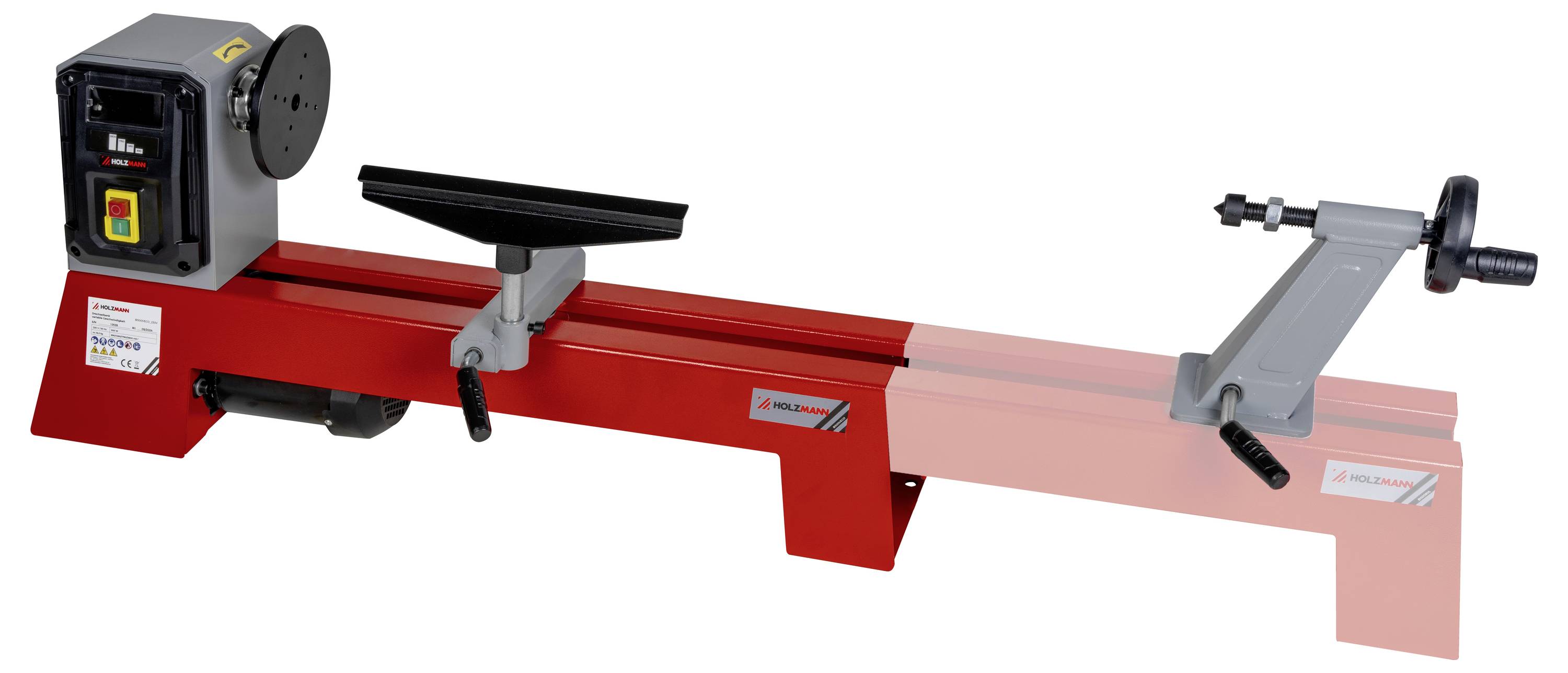 Holzdrehbank in Rot, mit Motor und verstellbarer Werkzeugauflage, entwickelt zum Formen und Schnitzen von Holz.