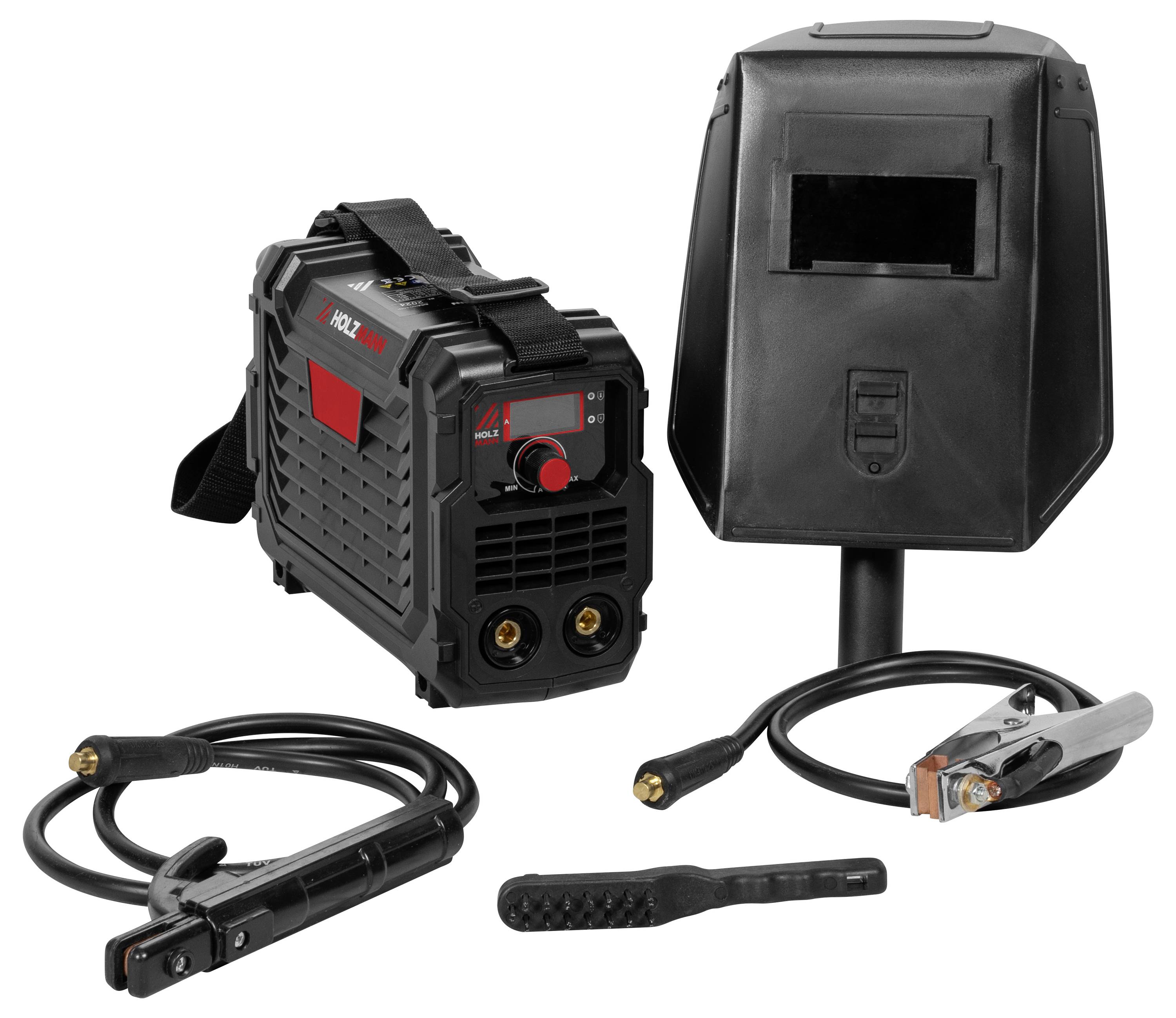 Schweißgerät-Set mit einer Schweißermaske, Klemmen und Kabeln. Das digitale Display auf der Maschine zeigt Einstellungen und Steuerungen.