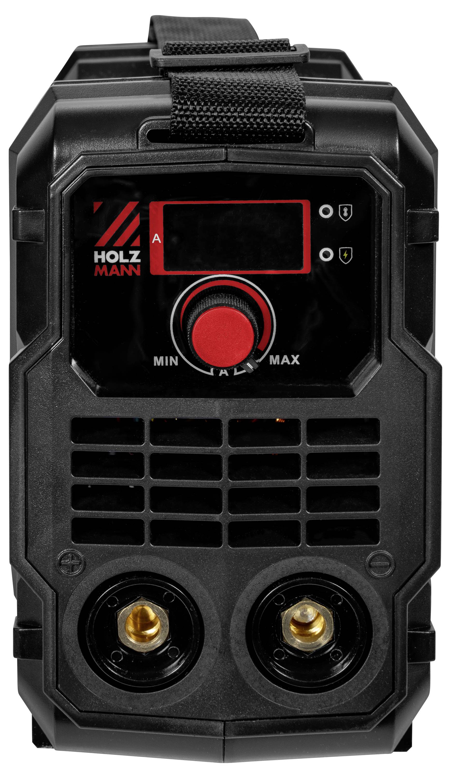 Frontansicht einer schwarzen und roten Schweißmaschine mit einem einstellbaren Drehregler und LCD-Bildschirm für Einstellungen. Ausgestattet mit zwei Anschlüssen für Kabel.