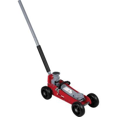 Ein roter hydraulischer Bodenwagenheber mit einem langen Griff und vier schwarzen Rädern, der für das Anheben von Fahrzeugen bei Autoreparaturen konzipiert ist.