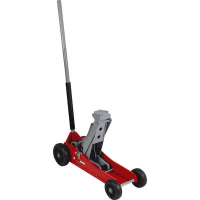 Roter hydraulischer Bodenheber mit langem Griff und schwarzen Rädern, entwickelt zum Anheben schwerer Fahrzeuge für Wartungs- oder Reparaturarbeiten.
