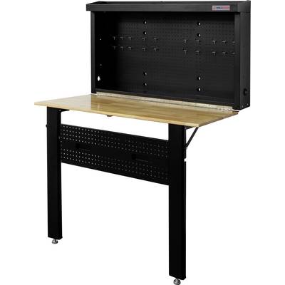 Eine schwarze und hölzerne Werkbank mit einer Lochplattenrückwand, mehreren Haken und zwei unteren Schubladen, geeignet für die Organisation von Werkzeugen in einer Werkstatt.