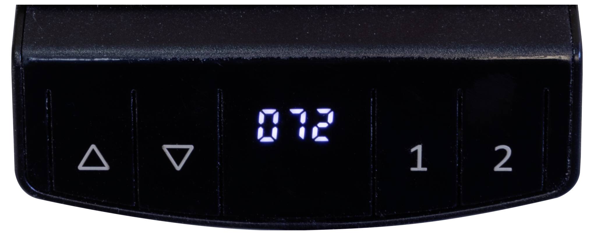 Digitale Anzeige zeigt '072', mit Tasten zum Hoch- oder Herunterregeln, und Einstellungen mit den Bezeichnungen '1' und '2'.