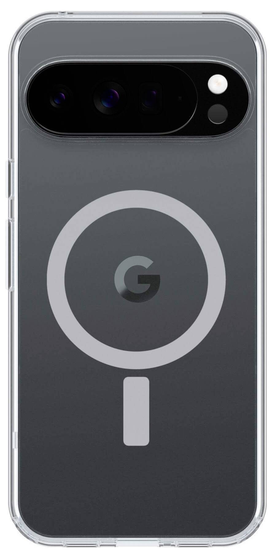 Ein dunkles Smartphone mit einem G-Logo und stilisiertem Lupenmotiv auf der Rückseite, ausgestattet mit einer Dual-Kamera und Blitz, eingehüllt in durchsichtiges Plastik.