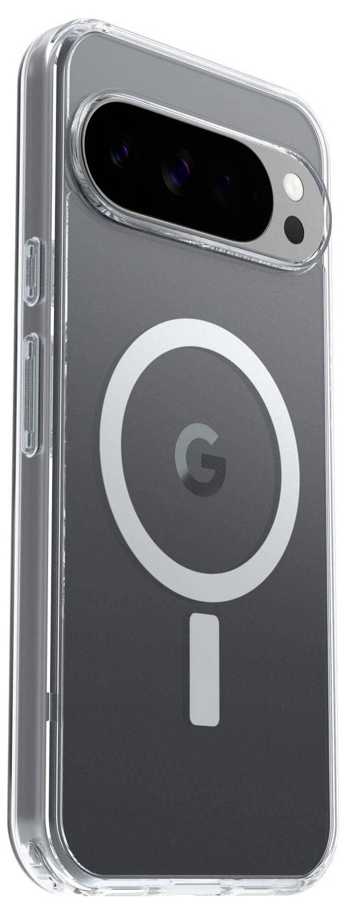 Eine durchsichtige Handyhülle mit einem kreisförmigen Design und einem 'G'-Logo für das Pixel 8, die seine MagSafe-Kompatibilität präsentiert.