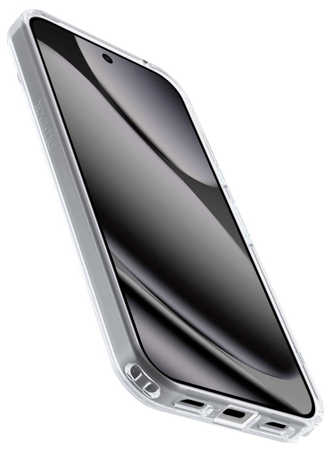 Ein schlankes Smartphone mit reflektierendem Bildschirm, in einem transparenten Schutzgehäuse gerahmt, wird diagonal präsentiert.