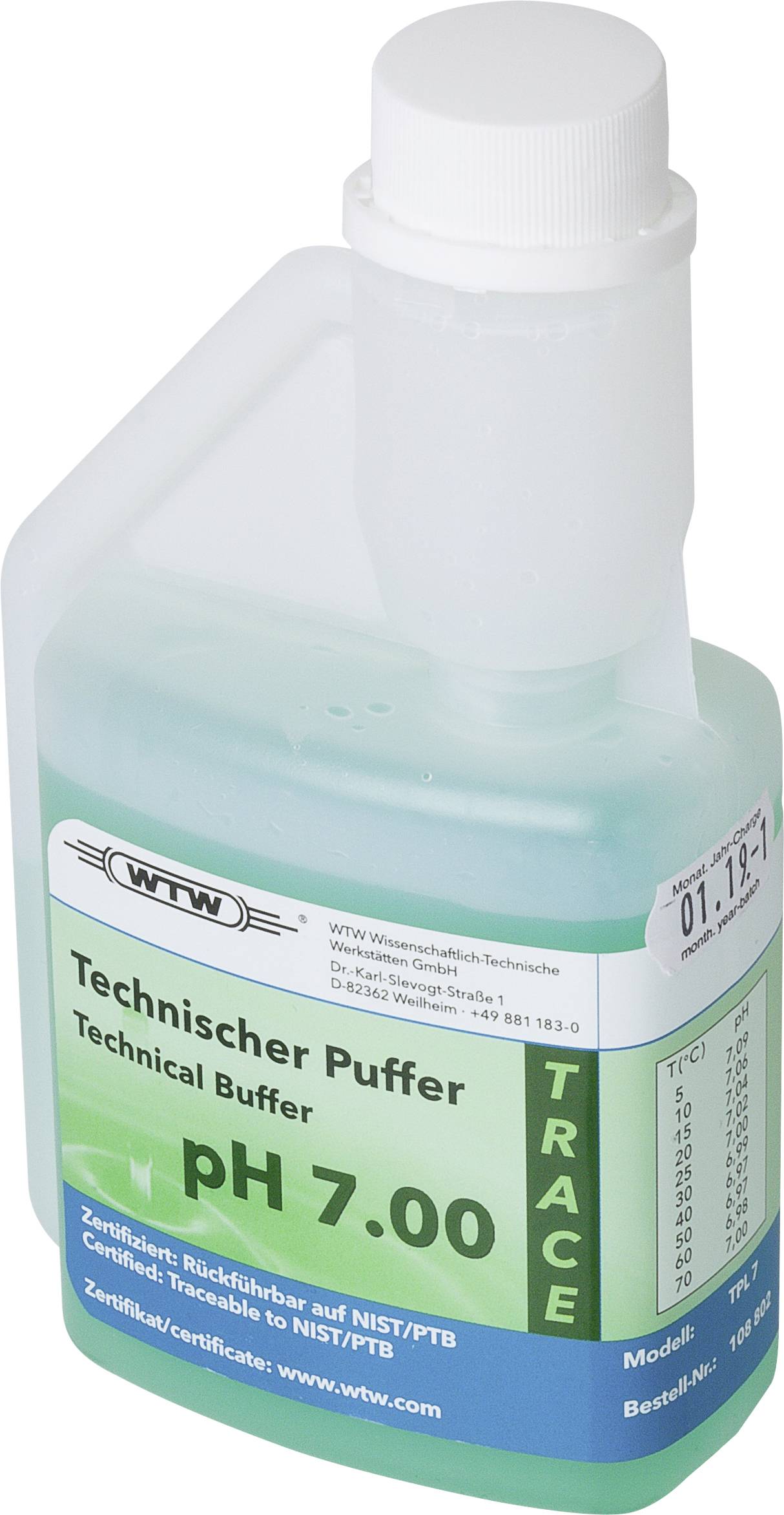 Behälter mit der Aufschrift ‚WTW Technical Buffer pH 7.00' mit Zertifizierungsdetails, verwendet zur Kalibrierung von pH-Messgeräten.