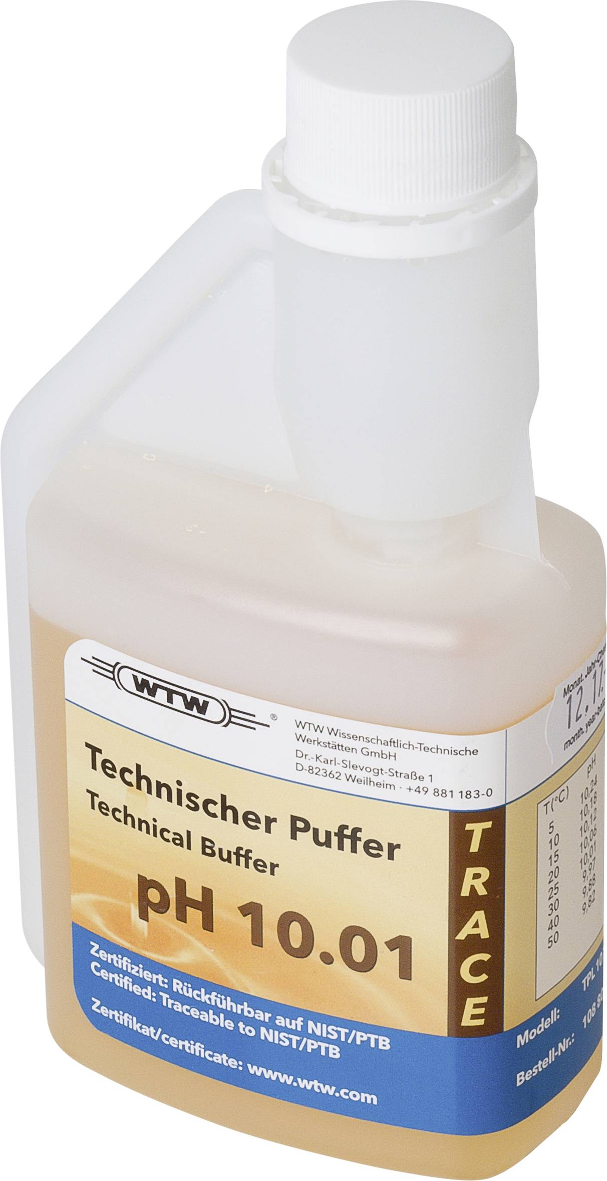 Flasche mit technischer Pufferlösung, beschriftet mit "pH 10,01". Enthält Details wie Rückverfolgbarkeit zu NIST/PTB und Herstellerwebsite.