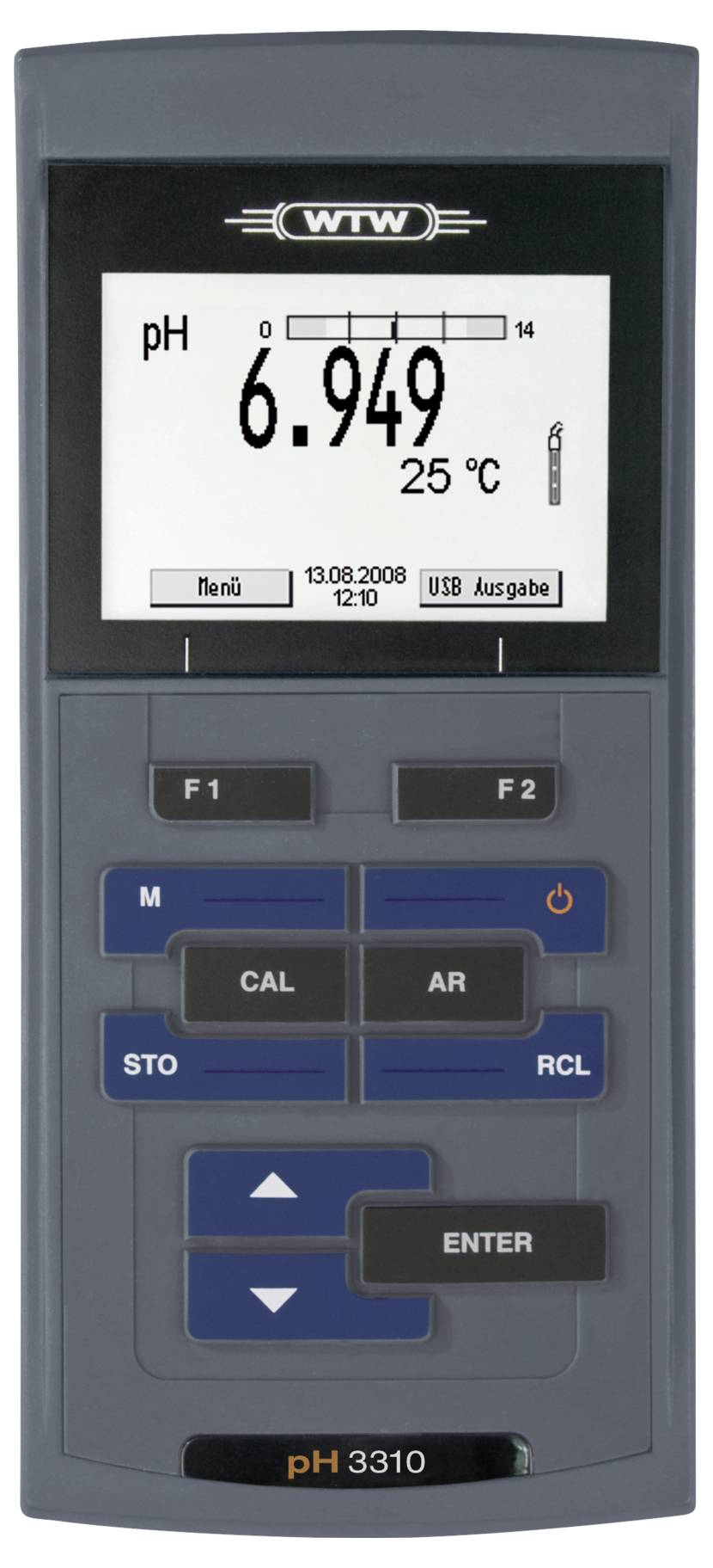 Ein digitales pH-Meter, das einen pH-Wert von 6,949 und eine Temperatur von 25°C anzeigt. Das Gerät verfügt über mehrere Funktionstasten.