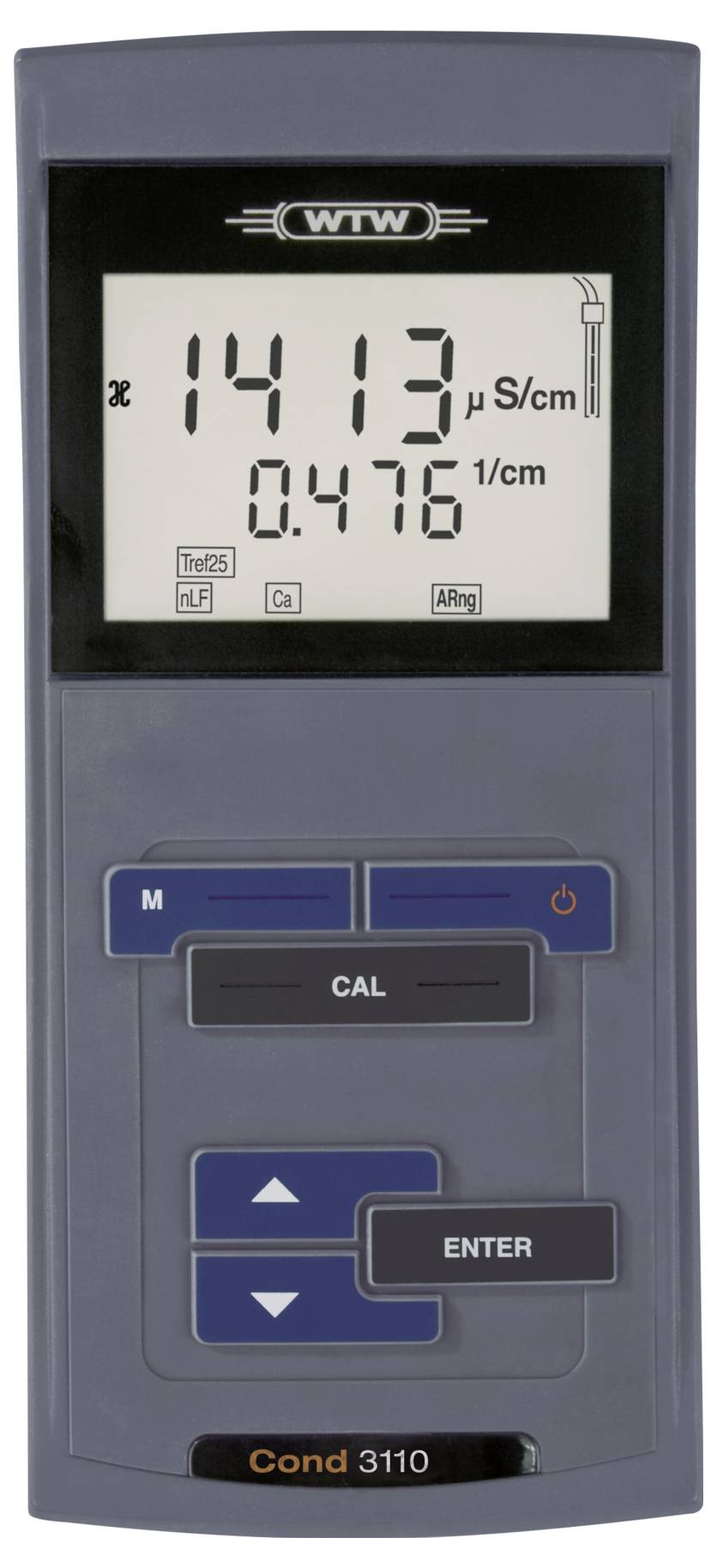 Tragbares Leitfähigkeitsmessgerät mit einer Anzeige von '1413 µS/cm', mit Tasten zur Kalibrierung und Einstellungsoptionen. Markenlogo 'WTW' am oberen Rand.
