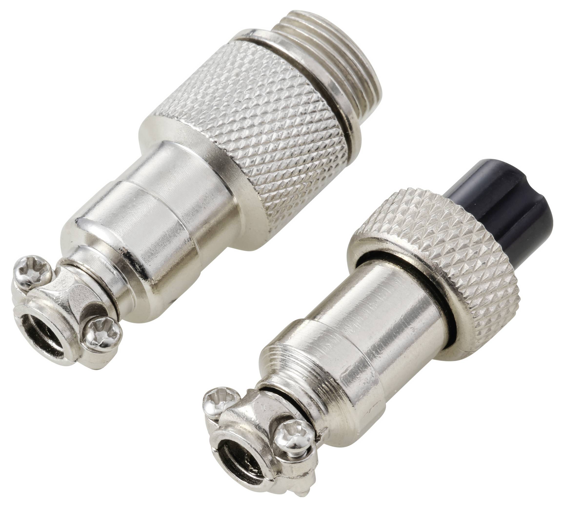 Zwei getrennte Metallverbinder mit strukturierten Griffen und Schrauben, einer mit schwarzem Einsatz, auf weißem Hintergrund.