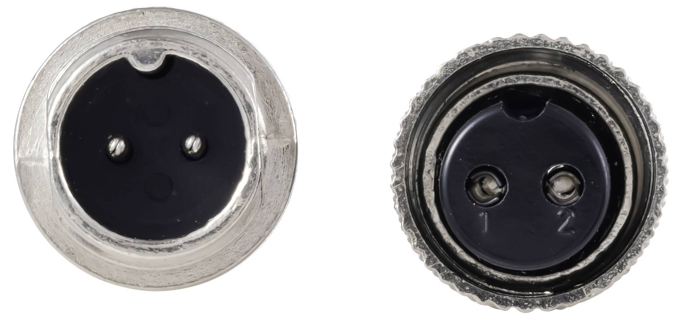 Zwei elektrische Steckverbinder mit je zwei Pins, von vorne betrachtet, die ihre Ausrichtung und Pinkonfiguration zeigen.