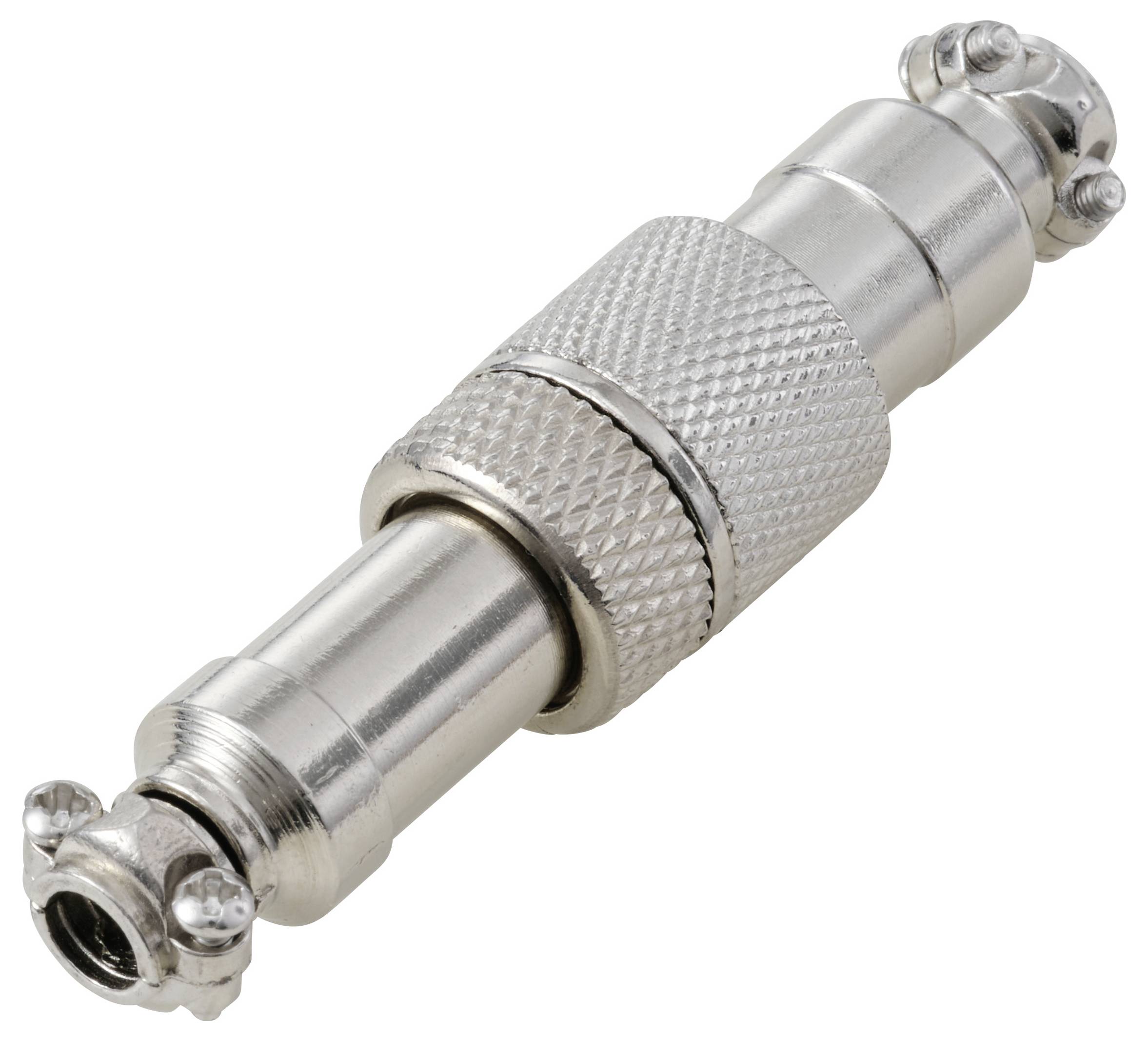 Eine Metallzylinder-Komponente mit strukturierter Griffoberfläche, Schrauben und Gewindeenden, höchstwahrscheinlich ein Anschluss für Audio- oder elektronische Kabel.