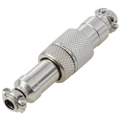 Eine Metallzylinder-Komponente mit strukturierter Griffoberfläche, Schrauben und Gewindeenden, höchstwahrscheinlich ein Anschluss für Audio- oder elektronische Kabel.