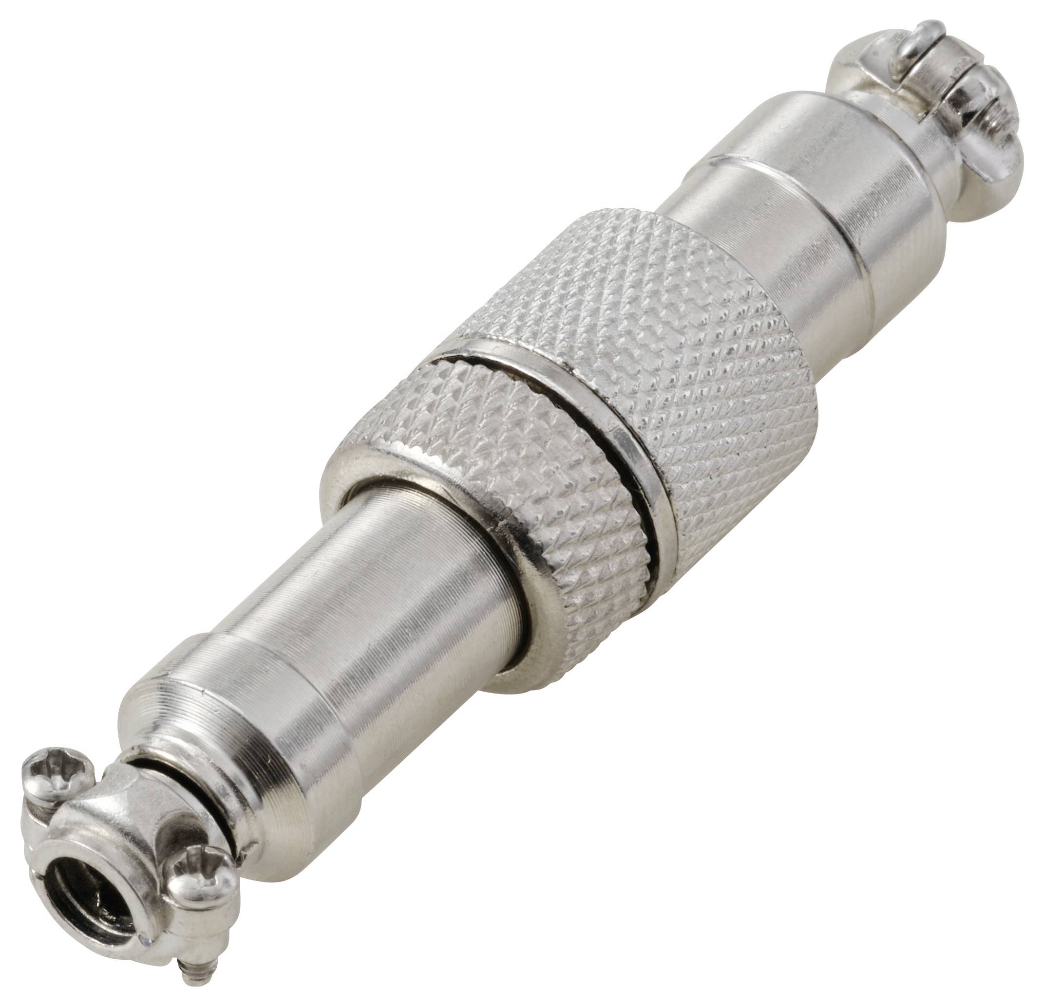 Ein silberner Koaxialkabelstecker mit strukturierter Griffoberfläche und einem Verriegelungsmechanismus, der für eine sichere Kabelverbindung und Signalübertragung entwickelt wurde.