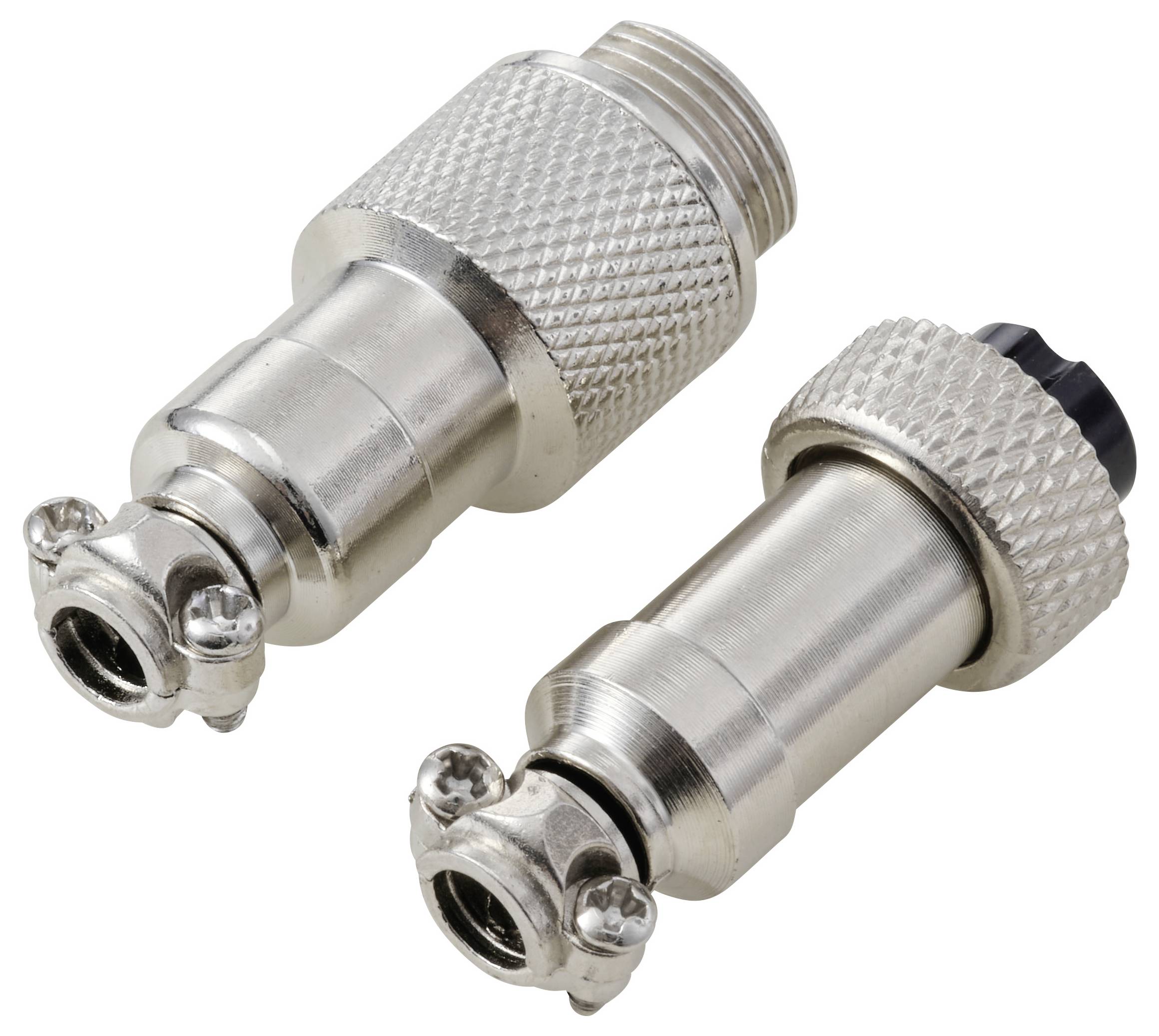 Zwei silberne metallische Verbinder mit gerillten Griffen und Gewindeenden, entwickelt für sichere elektrische Verbindungen.