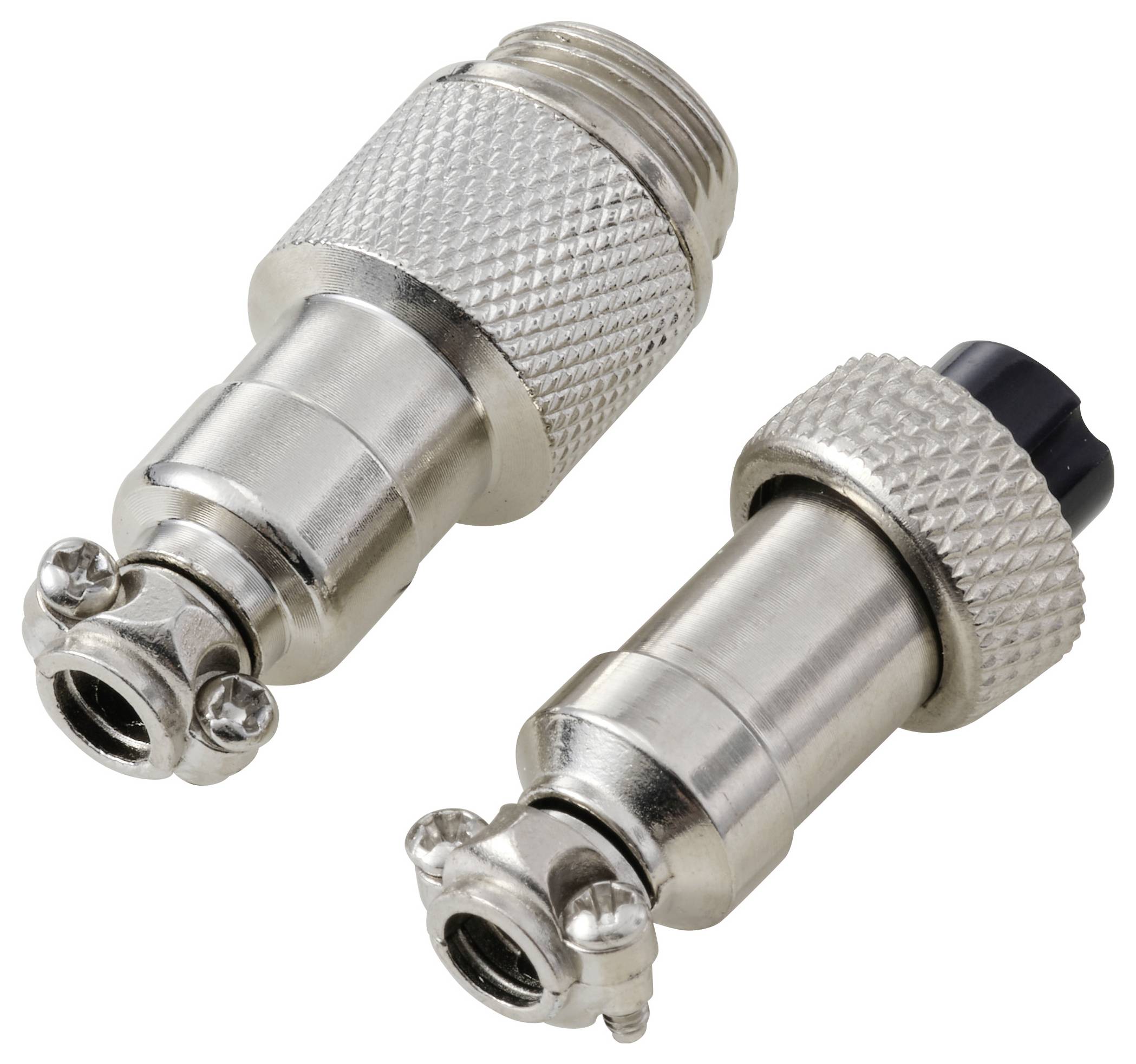 Zwei Metall-Koaxialstecker mit strukturierten Griffbereichen und Schraubanschlüssen, geeignet für Elektronik- oder audiovisuelle Geräte.