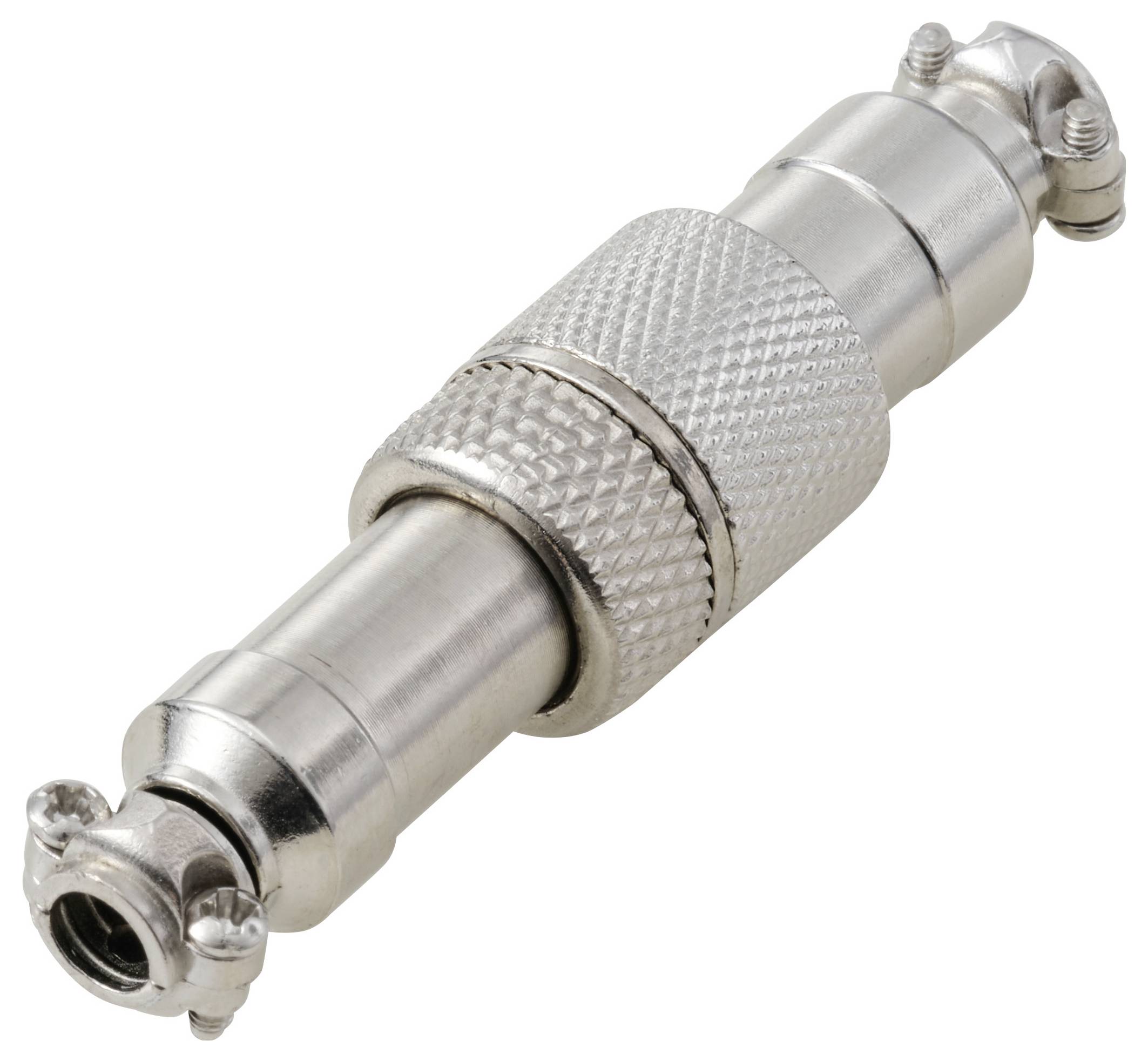 Ein metallischer Koaxial-HF-Stecker mit gerilltem Griff ist für das feste Sichern elektrischer Verbindungen in Audio- oder Videogeräten konzipiert.