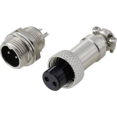 Nahaufnahme eines metallischen elektrischen Verbindungsstücks mit Stecker- und Buchsenkomponenten. Der Stecker zeigt zwei Stifte, und die Buchse ist mit Gewinde für eine sichere Befestigung versehen.
