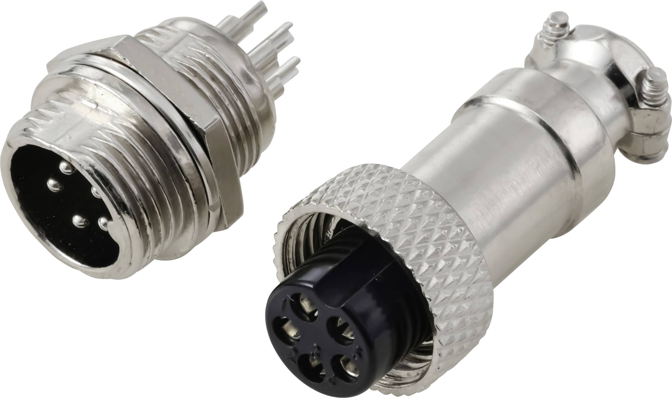 Männliche und weibliche kreisförmige Metallverbinder mit Pins und Buchsen, die für elektrische Verbindungen in industrieller Ausrüstung konzipiert sind.