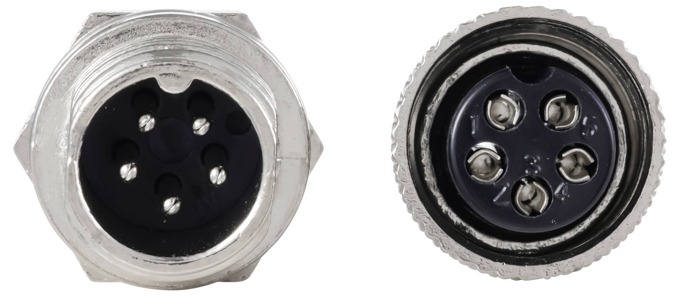 Zwei metallische kreisförmige Anschlüsse mit mehreren Pins, von vorne betrachtet. Der linke Anschluss hat weibliche Kontakte; der rechte hat männliche Kontakte.