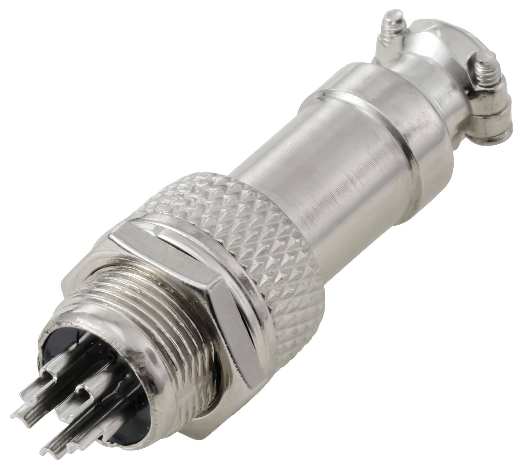 Ein metallischer, zylindrischer elektrischer Stecker mit mehreren Kontaktstiften, versehen mit einem strukturierten Griffbereich und einer Befestigungsmutter, von der Kontaktstiftseite aus betrachtet.